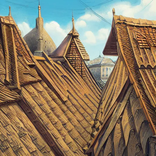 Prompt: traditional city with tiled roofs surrounded by a wooden wall, texture, intricate, details, highly detailed, masterpiece, architecture, building, trending on artstation, focus, sharp focus, concept art, digital painting, fantasy, sunny, day, midday