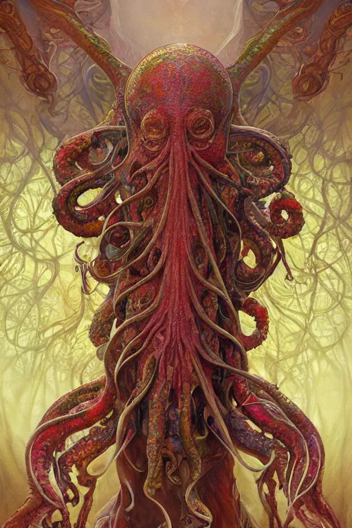 Image similar to psychedelic organic cthulhu mindflayer, gems jewels, diffuse lighting, fantasy, intricate, elegant, highly detailed, lifelike, photorealistic, digital painting, artstation, illustration, concept art, smooth, sharp focus, art by John Collier and Albert Aublet and Krenz Cushart and Artem Demura and Alphonse Mucha