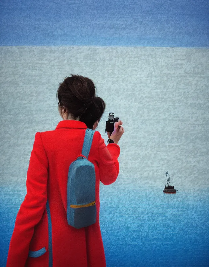 Image similar to wide shot rear view photographer woman hair in a bun long red stripe coat backpack sneakers taking photo with nikon camera in hand while looking out over a placid blue lake, a character design painting, in the style of wes anderson, lola dupre, david hockney, isolated on negative white space background dark monochrome fluorescent spraypaint accents volumetric octane render, no double figure