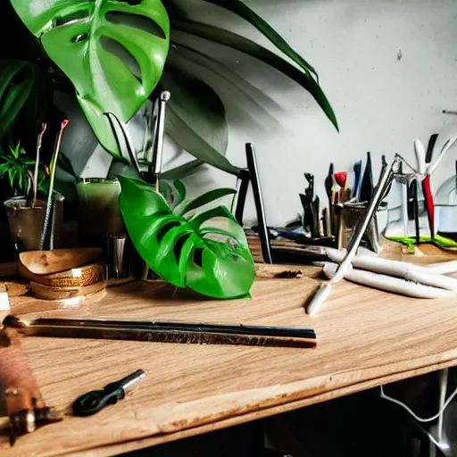 Image similar to A close-up shot of a metal table with laboratory tools and materials in an abandoned biopunk laboratory, plants everywhere, jungle themed, monstera, life, biological experiments,