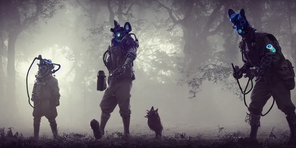 Image similar to a beautifully strange image of a gamekeeper wearing a dieselpunk mechanical fluorescent mystical animal mask. walking in the misty, dangerous river. in style of fornite game. award winning. dramatic. trending on artstation. high quality. rendered by beeple, by makoto shinkai, syd meade, digital art, unreal engine 5, fornite game. octane render