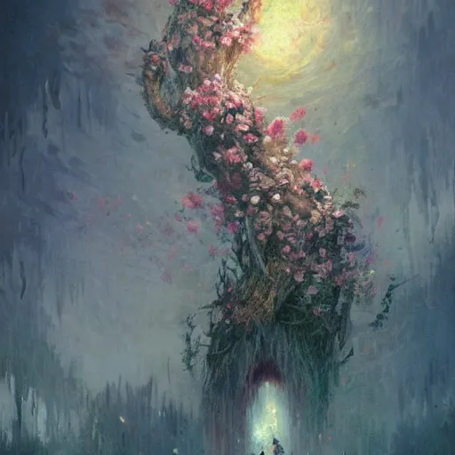 Prompt: a beautiful terrifying monster made of flowers. ethereal horror fantasy art by greg rutkowski and monet