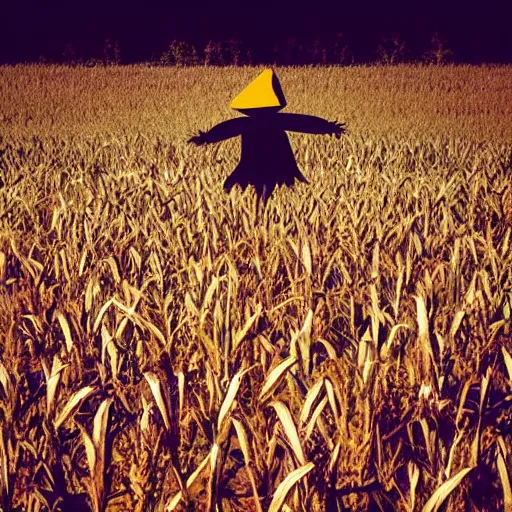 Prompt: Scarecrow in a cornfield at night looking at viewer, low quality photograph, eerie lighting