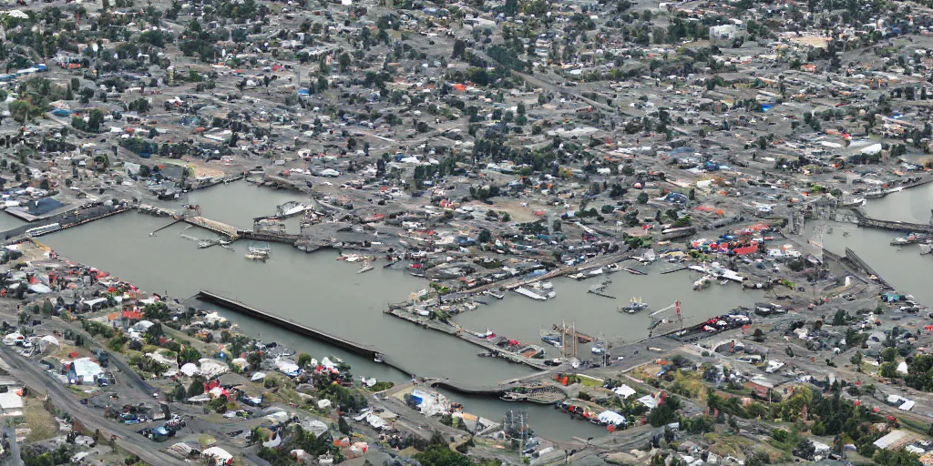 Image similar to bird's eye view of a city, trailer park, a road, bridge, and shipping dock area. town hall. photography