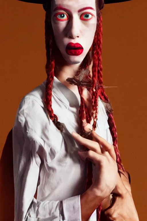 Image similar to comme des garcons campaign featuring jar jar binks as a female cowgirl, long eyeslashes, huge juicy lips, big seductive eyes, unprocessed colors, # nofilter, realistic vfx simulation