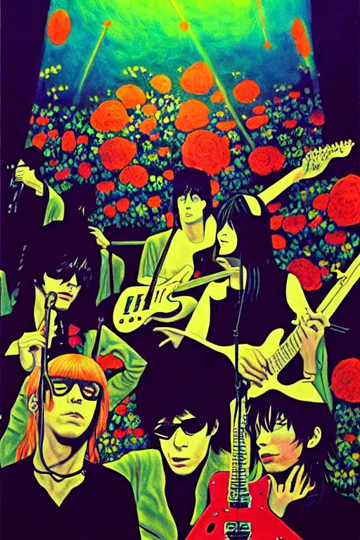 Image similar to the velvet underground and nico playing live on stage at a night club, beautiful stage decoration with flowers in the background, painting by hayao miyazaki, very detailed and colorful and toned down and ornamental and moody and cool and relaxed and high on drugs, trending on artstation, behance contest winner