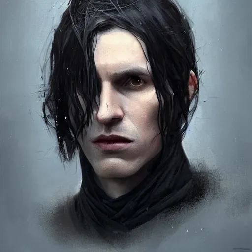 Image similar to portrait of a man by greg rutkowski, sith kinght, he looks like a vampire, long black messy hair, very tall and slender, star wars expanded universe, wearing black robes, he is about 3 0 years old, highly detailed portrait, digital painting, artstation, concept art, smooth, sharp foccus ilustration, artstation hq