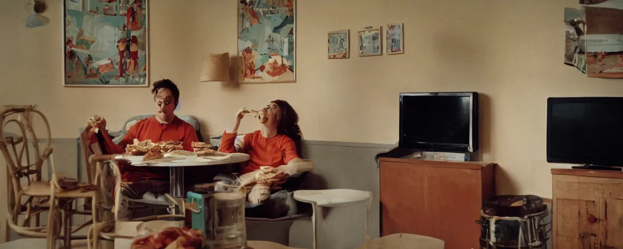 Image similar to watching tv while eating spaghetti,! alone!, 2 0 2 0, canon 5 0 mm, kodachrome, in the style of wes anderson