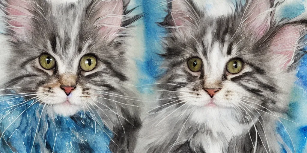 Prompt: shower curtain product catalog. on the curtain is a a watercolor with ink under drawing of a maine coon kitten. product photography, product lighting. 4 k, highly detailed. saturated.