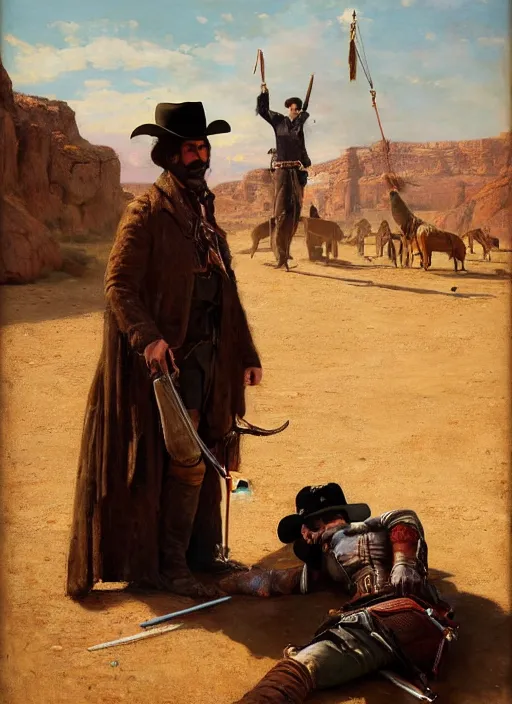 Image similar to Old west circus trickshooter (rdr2). Iranian orientalist portrait by john william waterhouse and Edwin Longsden Long and Theodore Ralli and Nasreddine Dinet, oil on canvas. Cinematic, hyper realism, realistic proportions, dramatic lighting, high detail 4k