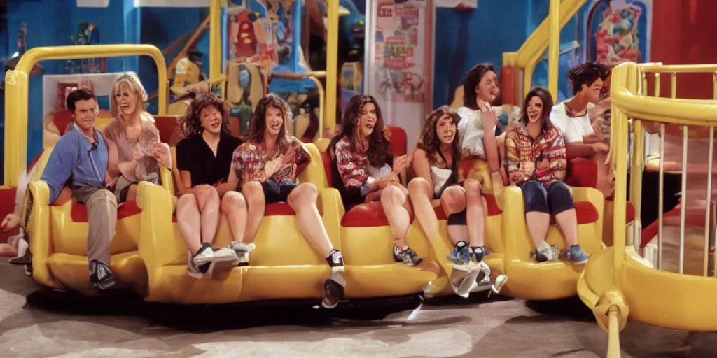 Prompt: 1990s photo of inside the Friends Show roller coaster at Universal Studios in Orlando, Florida, riding a sofa roller coaster through the Friends apartments , cinematic, UHD