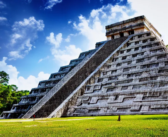 Image similar to 4 k hd, high detail photograph of chichen itza, shot with sigma f / 4. 2, 2 5 0 mm sharp lens, wide shot, volumetric lighting, high level texture render, unreal engine