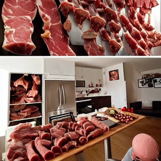 Prompt: an apartment made of meat and meat accessories, everything is meaty, edible living arrangements ( meat ). like it's all meat.