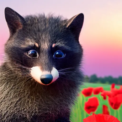 Image similar to a closeup photorealistic photograph of a black cute adult cat sitting on 4 paws next to big a black and white adult racoon in a field of poppy with a red sunset in the background. This 4K HD image is Trending on Artstation, featured on Behance, well-rendered, extra crisp, features intricate detail and the style of Unreal Engine.