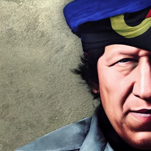 Image similar to A still of Hugo Chávez as Solid Snake from Metal Gear Solid, 4k, photograph, photoreal, realistic, highly detailed, promo shoot, award winning