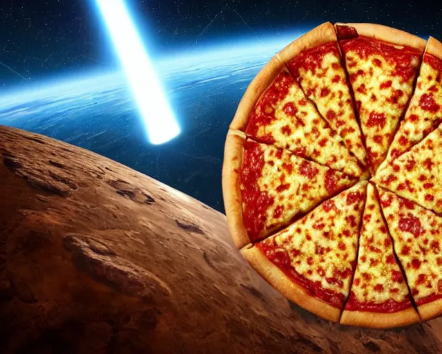 Prompt: a slice of pizza in orbit over a single planet space super star destroyer ship starwars 3 d render starwars clonewars 4 k atmospheric cinematic shot octane render high definition