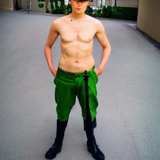 Image similar to A full portrait photo of real-life zoro one piece, f/22, 35mm, 2700K, lighting.