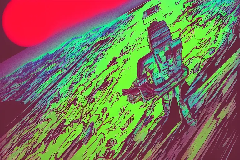 Prompt: bayou grasshopper,art by Angus McKie,trending on artstation, withered lighting camera view from above,anaglyph effect ,trending on instagram,afrofuturism ,digital art,colored pencil art ,