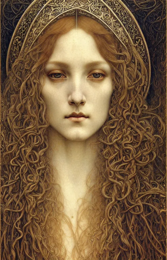 Image similar to detailed realistic beautiful young medieval queen face portrait by jean delville, gustave dore and marco mazzoni, art nouveau, symbolist, visionary, gothic, pre - raphaelite. horizontal symmetry