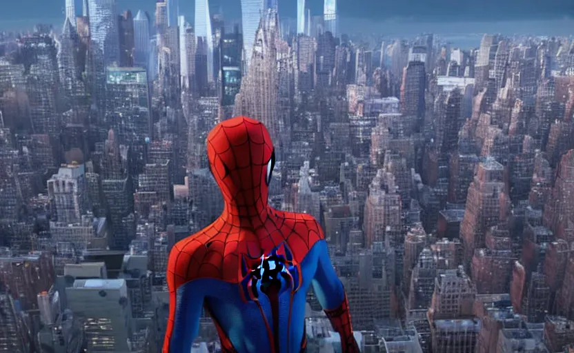 Image similar to a still of spider - man looking at the skyline of new york city, cinematic lighting, fantasy art, detailed