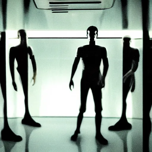 Image similar to mark zuckerberg sitting in front of his clones growing inside a vat of protein fluid. They are inside the cloning med bay of an alien ship. the ceiling and floor glow. from science fiction movie.