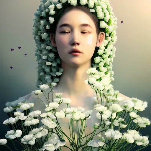 Image similar to goddess of nemophila flowers portrait, amalgamation of leaves and flowers, orthodox saint, beautiful raking sunlight, nemophila flowers, no hands. intricate artwork by Hsiao-Ron Cheng. octane render, trending on artstation, greg rutkowski. cinematic, hyper realism, high detail, octane render, 8k