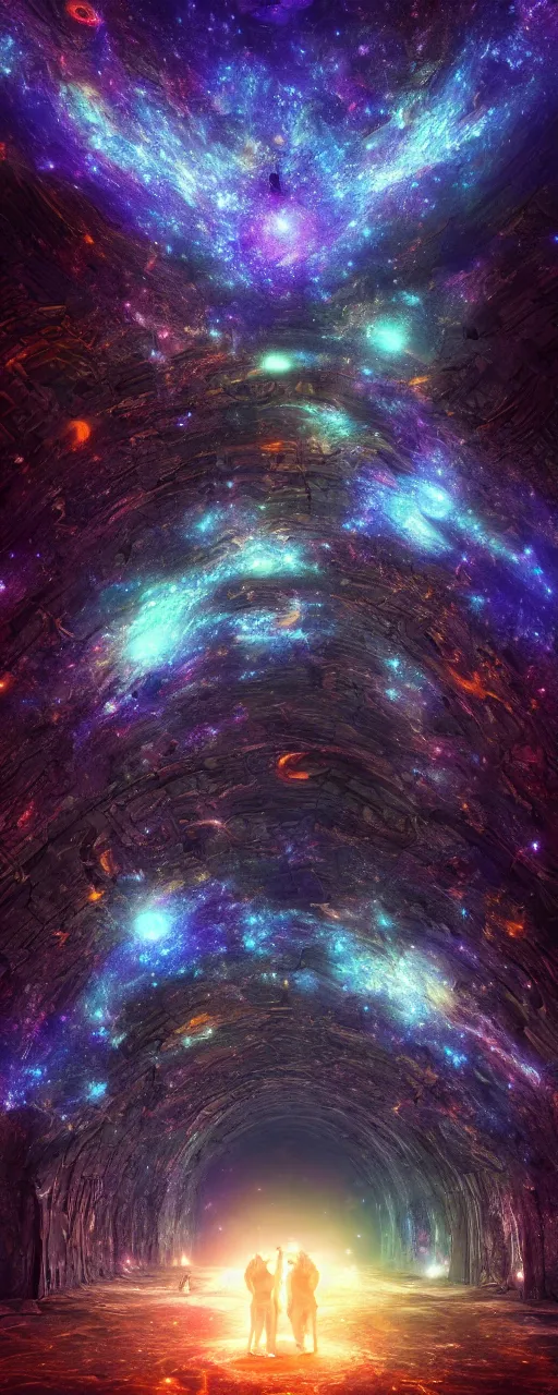 Image similar to tunnel portal made of stars space, cosmic eye, nebulas stars dmt psychedelic cosmos, cosmic, hallucination, night sky cluster milky way constellations, 8 k, artstation, unreal engine, octane render, hdr, surrealistic, glow, photorealistic, volumetric lighting, dreamy, dynamic, mystical