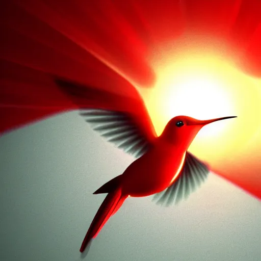 Prompt: A medium shot image of a small red flaming hummingbird. Library god rays raytraced