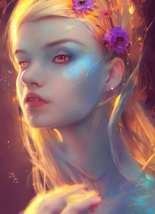 Image similar to a gorgeous flower princess portrait by WLOP, emerald yellow eyes, blue hair, digital painting, beautiful lighting, magical , cgsociety