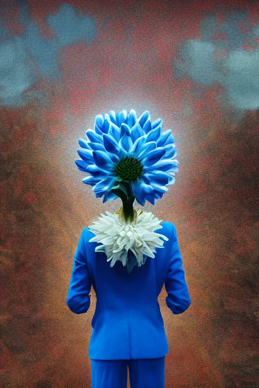 Image similar to closeup giant dahlia flower head, girl in a suit on a street, surreal photography, blue sky, sunrise, dramatic light, impressionist painting, digital painting, artstation, simon stalenhag