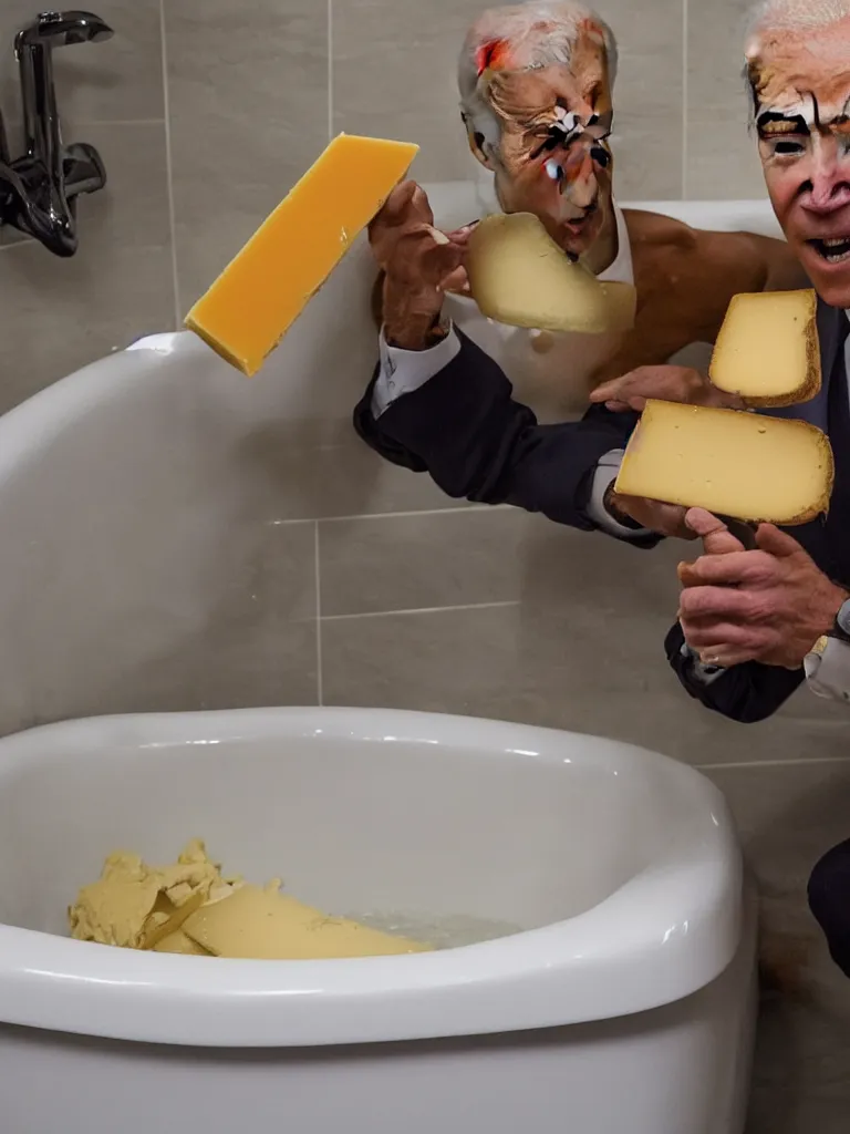 Image similar to Joe Biden eating cheese in a bathtub