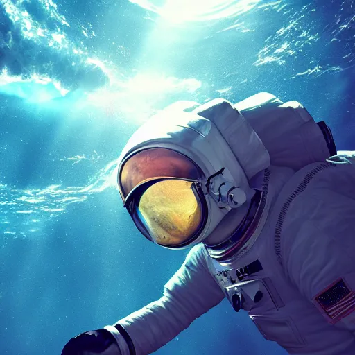 Image similar to an astronaut floating horizontally in the middle of deep underwater being hit by sun rays, trending on art station, atmosphere, concept art, photo realistic, high detailed