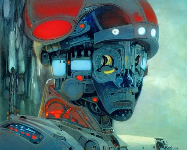 Prompt: portrait of a robotic ermine, cinematic light, backlight, red sky blue, mist, by mikhail vrubel, by philippe druillet, by wlop, by peter elson, by gerald brom, muted colors, ( extreme detail ), trending on artstation, 8 k