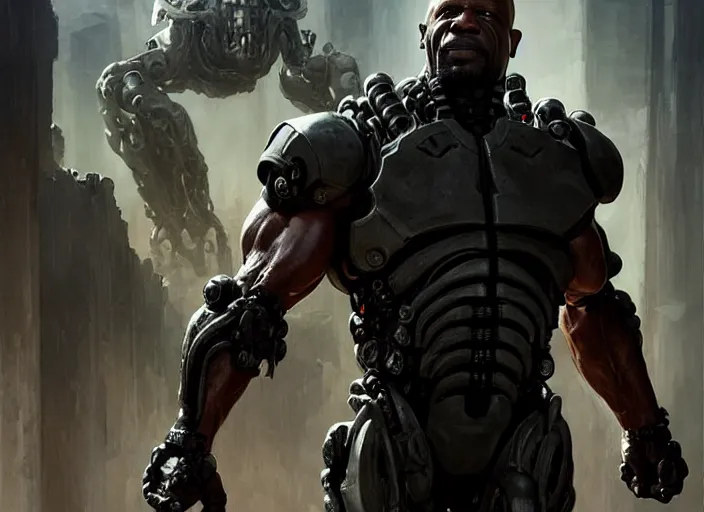 Image similar to terry crews as victor stone, full body concept, cyborg, borg, strogg, face of a man, terminator, flesh, quake strogg, doom demon, wolfenstein, monstrous, powerful, symmetry, symmetrical, concept art by ruan jia and greg rutkowski