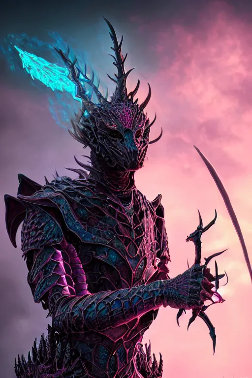 Image similar to hyperrealistic neo - gothic human dragon hybrid, exoskeleton armor, fighting with sword, field of pink flowers, highly detailed digital art masterpiece, vitaly bulgarov dramatic dark teal light, ground angle hd 8 k, sharp focus