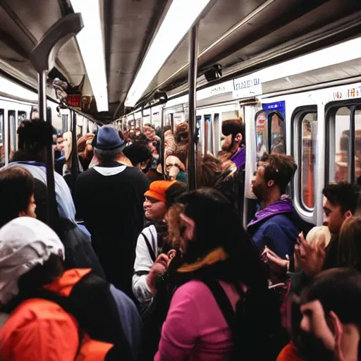 Prompt: A group of friends talking while standing inside a crowded compartment of the New York metro with people in Halloween costumes, cinematic, 4k, thriller