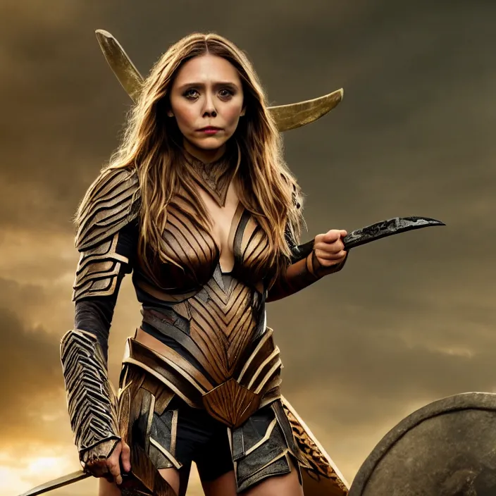 Image similar to professional full length photograph of elizabeth olsen as an amazon warrior. Extremely detailed. 8k