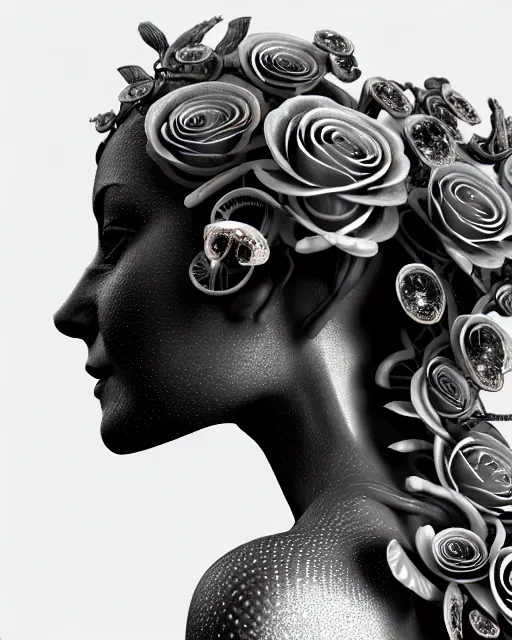 Image similar to mythical dreamy black and white organic bio - mechanical spinal ribbed profile face portrait detail of translucent steampunk beautiful female angelic - human - queen - vegetal - cyborg, highly detailed, intricate crystal ivy jelly ornate, poetic, translucent roses ornate, 3 d render, digital art, octane render, 8 k artistic photography, photo - realistic, by dora maar