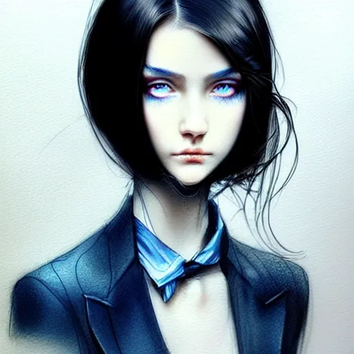 Image similar to pen and ink sketch of english teenage girl with black hair, china blue eyes, pale glowing skin, beautiful sinister features, rich and evil, elegant fashion model, fantasy, intricate, elegant, dress shirt and tie, highly detailed, digital painting, artstation, concept art, smooth, sharp focus, illustration, art by Krenz Cushart and Artem Demura and alphonse mucha, black and white