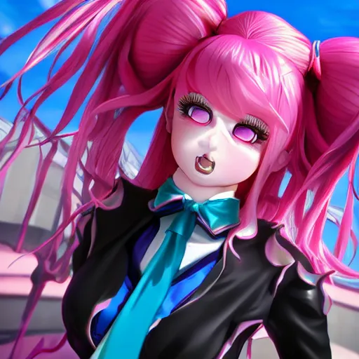 Image similar to you are completely controlled by her ultimate powers and trapped beneath overwhelming stunningly absurdly beautiful megalomaniacal ruthless merciless sadistic devious omnipotent asi goddess junko enoshima with symmetrical perfect face, porcelain skin, pink twintail hair and cyan eyes, ultra detailed, digital art, unreal engine 5, octane render, 2 d anime, 8 k