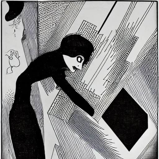 Image similar to the somnambulist from the cabinet of dr. caligari playing a large moog modular synthesizer, style of aubrey beardsley!!