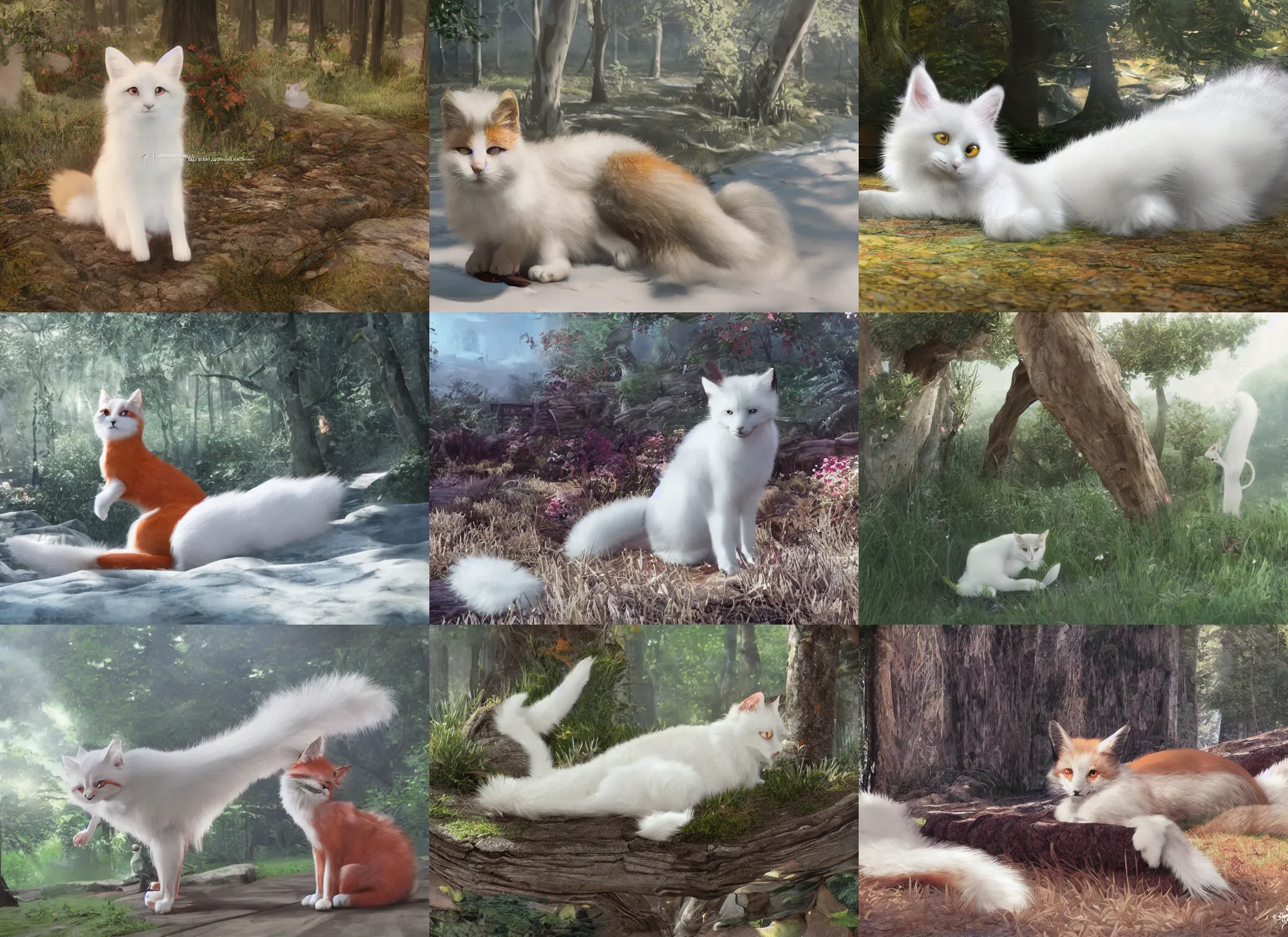 Prompt: white cat with fluffy red tail like fox tail lying at sunny forest, high detailed, hyper realistic, unreal engine 5, anime illustration, fantasy, ray tracing