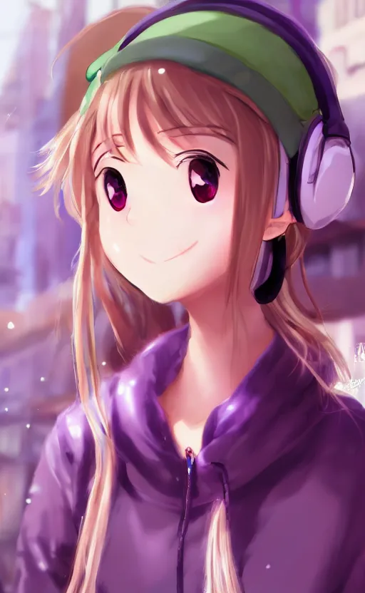 Image similar to anime girl with pink ponytail, wearing purple headphones, wearing a green sweater, with a smile on her face and her eyes closed, walking down a street, dynamic lighting, photorealistic fantasy concept art, trending on art station, stunning visuals, creative, cinematic, ultra detailed