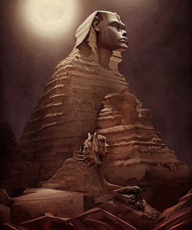 Image similar to epic professional digital art the sphinx, horrific yet beautiful vibe, evocative, atmospheric lighting, painted, intricate, highly detailed, by leesha hannigan, wayne haag, reyna rochin, ignacio fernandez rios, mark ryden, iris van herpen, artstation, cgsociety, stunning, gorgeous, sharp focus, cinematic, masterpiece