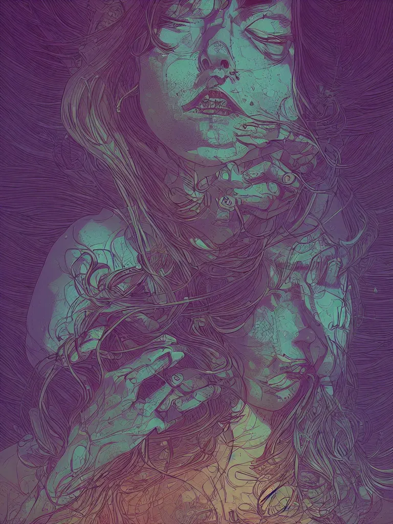 Image similar to a beautiful detailed line art illustration of an attractive female biting her lip, centered, by dan mumford and moebius and paul lehr and beeple, trending on artstation, vivid colors, dim dusk lighting, cinematic lighting, detailed lighting, volumetric lighting, realistic, f 8, 4 k hd wallpaper