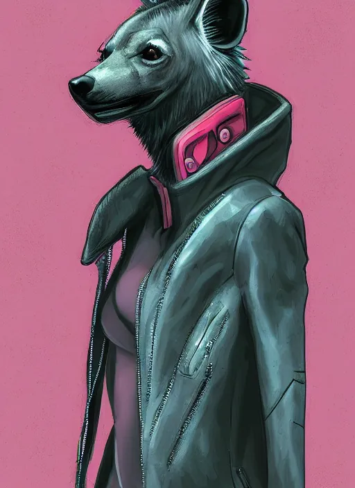 Image similar to digital painting of anthromorphic hyena female, fursona, furry fandom, neon rainy cyberpunk setting, anthro, wearing cyberpunk leather jacket, detailed face,