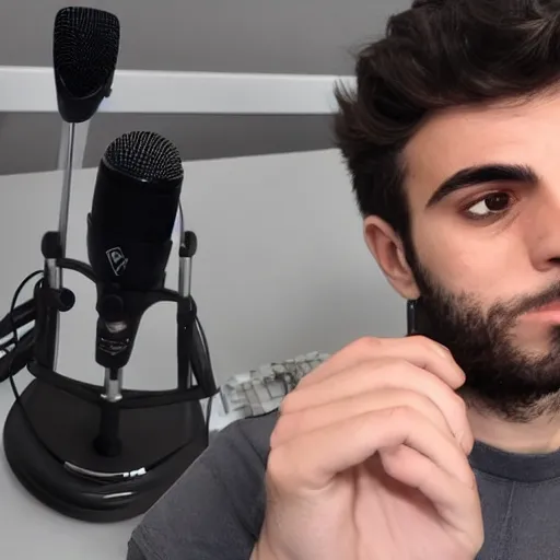 Image similar to handsome Portuguese male twitch streamer looking confused at his expensive microphone which isn't working, high quality photo, 4k