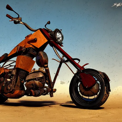 Image similar to Rustic homemade chopper motorcycle, styleframe, concept art, artstation, madmax, brush texture, painted with oil, cartoon network