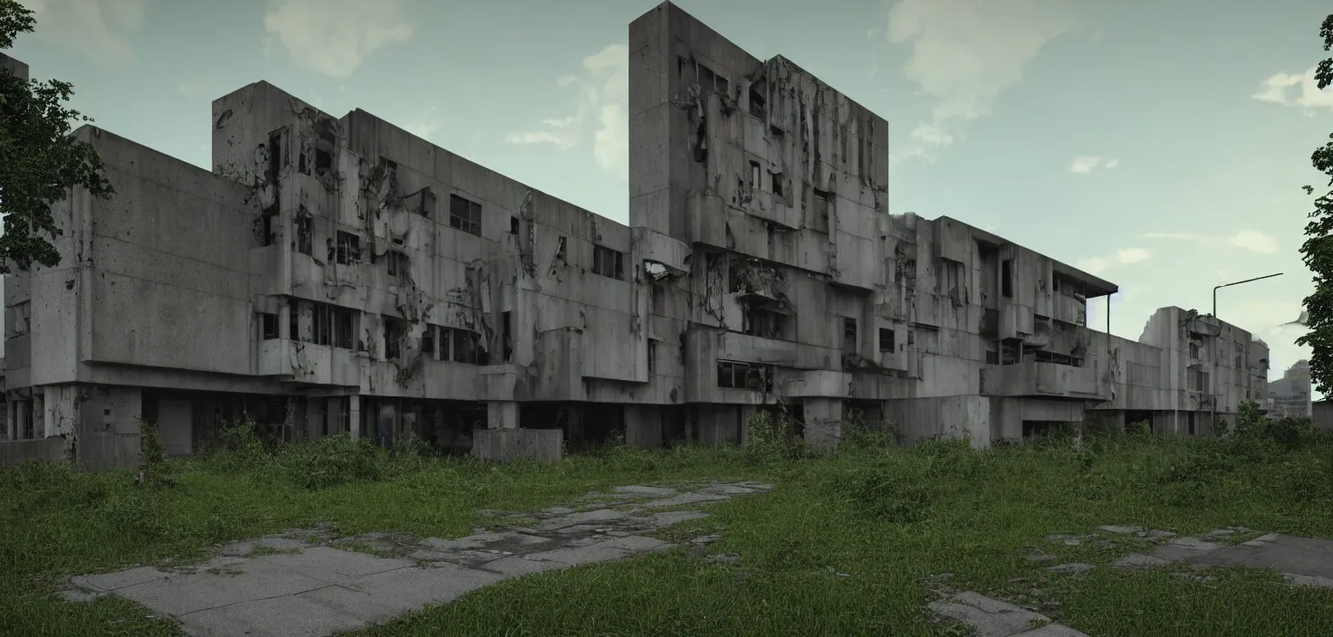 Prompt: a street view of brutalist architecture by Le Corbusier, abandoned arts center, empty streetscapes, surrounded by lush green vegetation, ground-level view, natural volumetric lighting, sunset, rusted steel, solid concrete, glass, stunning skies, scattered rubbish and debris, 8k, photorealistic, hyper detailed, unreal engine 5, IMAX quality, cinematic quality, beautifully illustrated, sharp focus, minimal artifacts, from DOOM, by Greg Rutkowski, trending on Artstation