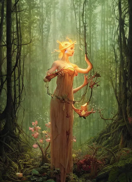 Prompt: a hyper realistic floating fairy shrine, candles, in the woods, gorgeous lighting, lush forest foliage, explosions painting by chiara bautista and tom bagshaw, mucha, beksinski and norman rockwell and greg rutkowski weta studio, and lucasfilm